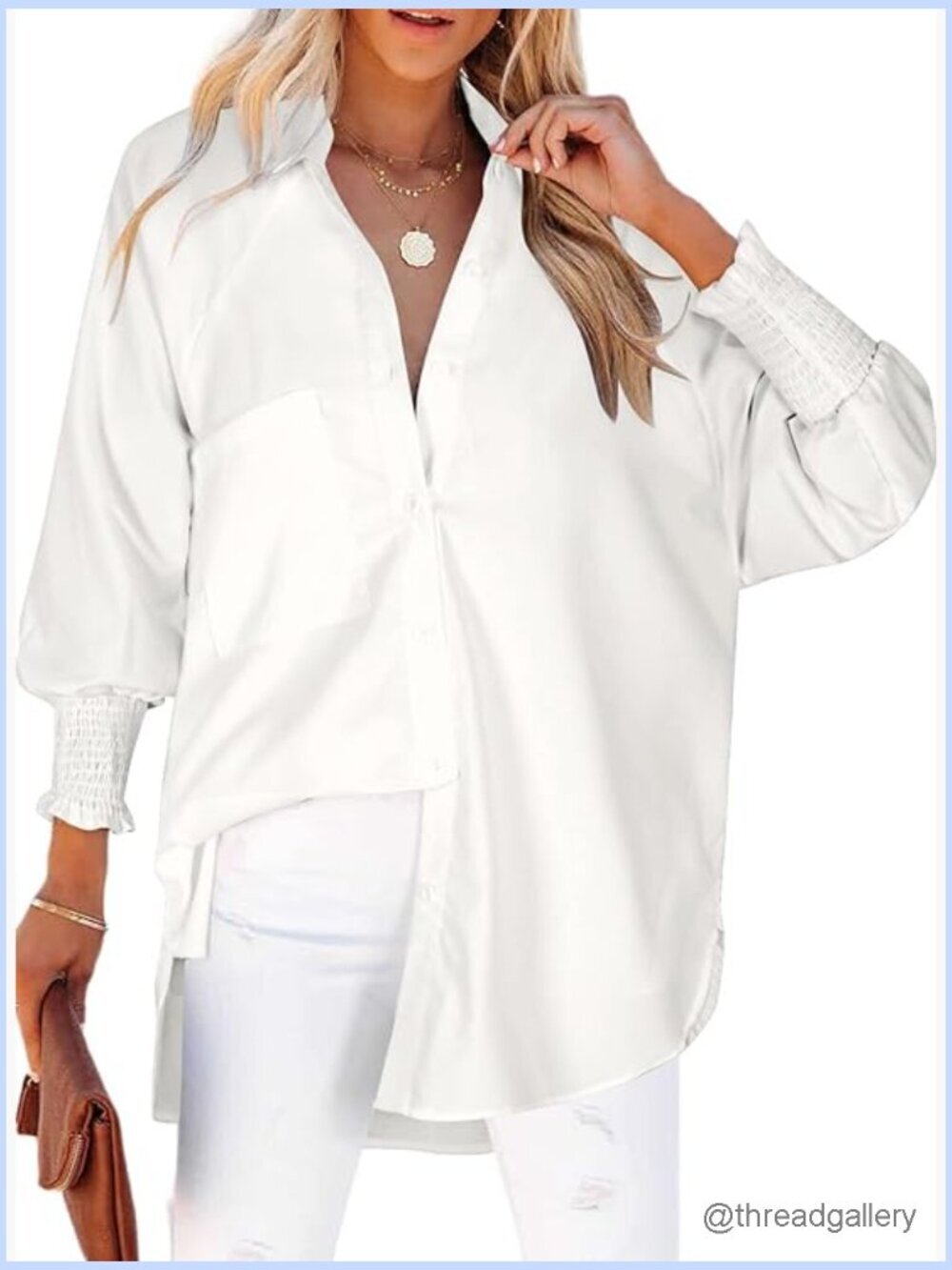 Smocked Cuffed Oversized Button Down Blouse with Pocket